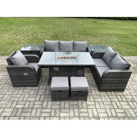 Fimous Polyrattan Gartenmöbel Set Garten Sofa im Freien Gasfeuerstelle Esstisch und Sofa Sessel set mit 2 Beistelltischen 2 kleinen Hockern (1/5)