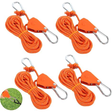 Corde a cricchetto con gancio 4M, 4 pezzi di corda a cricchetto regolabile, corda da campeggio leggera da 4 mm, tenditore per corda a cricchetto per lampade, piante, tende, escursionismo (1/5)