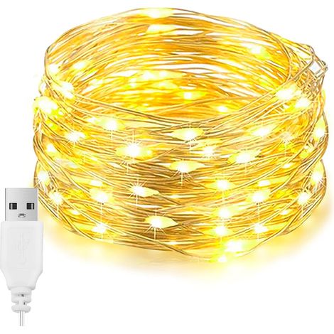 LED-Leuchten, 100 LEDs, 10 m, USB-Lichterkette, wasserdicht, Lichterkette aus silbernem Draht, dekorative Beleuchtung für Schlafzimmer für Weihnachten, Gartenparty, Hochzeit im Freien (Warmweiß) [Ener (1/5)