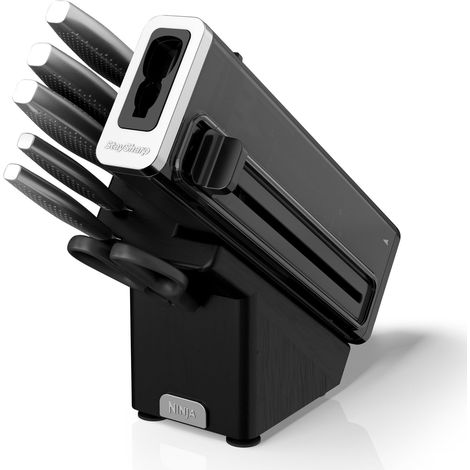 Ninja StaySharp Taco de cuchillos, Juego de 6 piezas en acero inoxidable, Afilador integrado, 5 cuchillos (Chef, para pan, Fileteador, Multiusos y para pelar) y tijeras, Gris oscuro, K62006EUUK