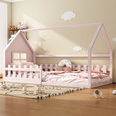 Lit plat 90 x 200 cm, lit enfant, barrière de sécurité, rose
