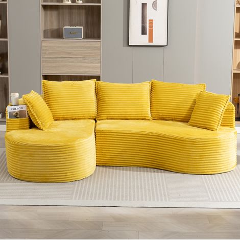 Canapé 250x152x82 cm jaune moutarde en velours côtelé avec porte-gobelets, poches latérales et coussin (1/5)