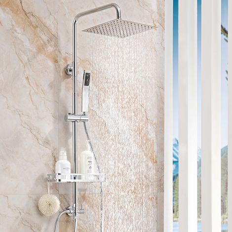Auralum Max Colonne de Douche Sans Mitigeur 10 Pouces Pommeau Carré Inox-Barre Coulissante 68-108cm Réglable-Douchette-Flexible Anti-Torsade 1,5m-Étagère Sans Perçage Baignoire et Salle de Bain-Chromé (1/5)