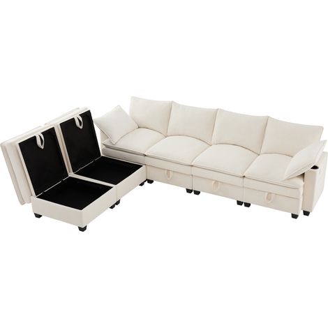 Sofá esquinero modular en L de pana beige con puf y cojines (1/5)