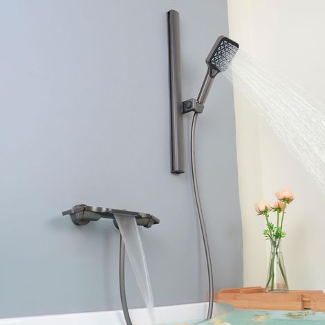 Robinet de Baignoire Cascade, Mitigeur Baignoire avec Douchette, Robinet Baignoire avec Barre de Douche, Mitigeur Bain Douche Mural, Gris, 14Y7OK-B (1/5)