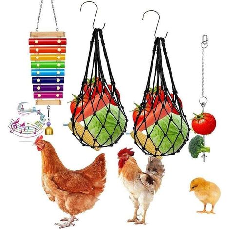 Accessoire poulailler Lot de 4 jouets de poulet xylophone pour poulailler, brochettes de légumes, porte-fruits, mangeoire suspendue pour légumes pour accessoires de poulailler, jouets de cloches de po (1/5)