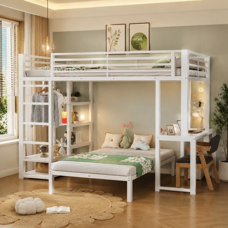 Litera con dos plazas para dormir, estructura de hierro, 90 x 200 cm, escritorio, toma de corriente doble con interfaz USB y Tipo-C, 4 estantes, espacio para guardar ropa, certificación EN747, sin col (1/5)