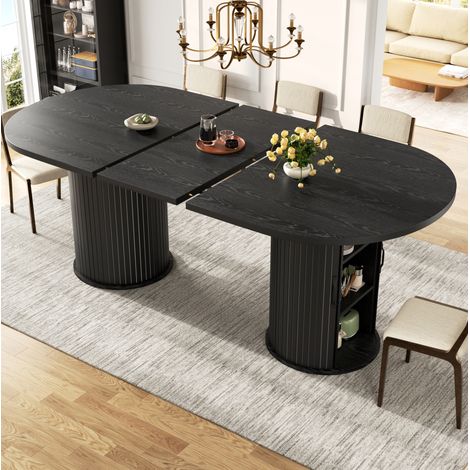 Mesa de comedor extensible 150-190 x 80 x 75 cm con almacenaje oculto, negra DESVIAE (1/5)