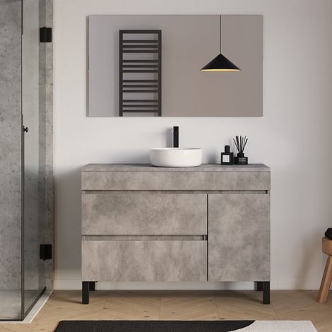 Meuble de salle de bain 120cm avec plateau et vasque à poser ronde - porte et tiroirs - ciment (gris) - LAZARO (1/5)