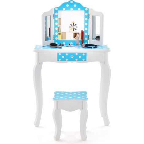 Tocador infantil con espejo extraíble 60 x 27,5 x 97,5 cm práctico y seguro diseño de lunares rosas en MDF blanco 200011526