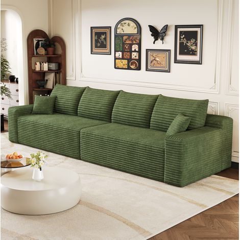 Divano modulare 302x90x58 cm con chaise longue, non richiede montaggio, tessuto in velluto a coste verde, per soggiorno e camera da letto. (1/5)