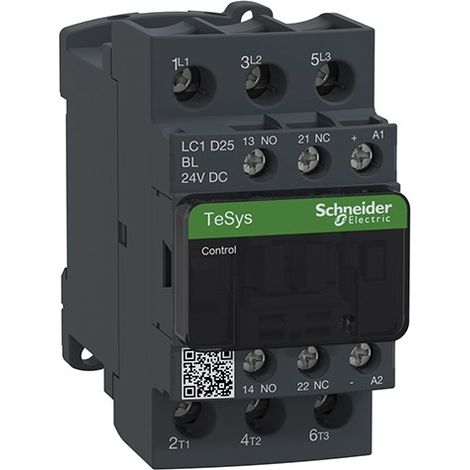 Contactor de potencia TeSys D AC3 9A 3P 1NO 1NC bobina 24VDC bajo consumo terminales de tornillo