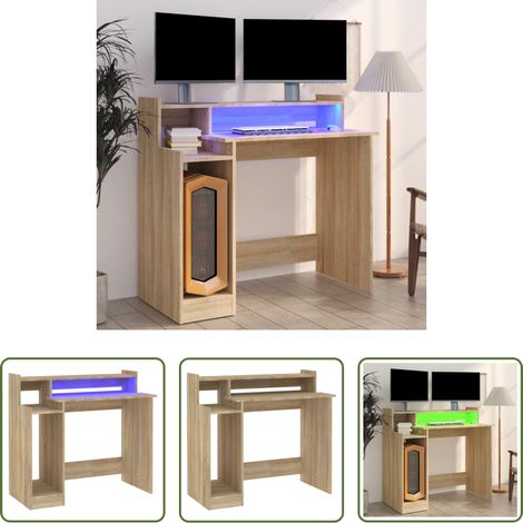 vidaXL Bureau sur pied - Bureau avec lumières LED Chêne 97x45x90 cm Bois d'ingénierie (1/5)