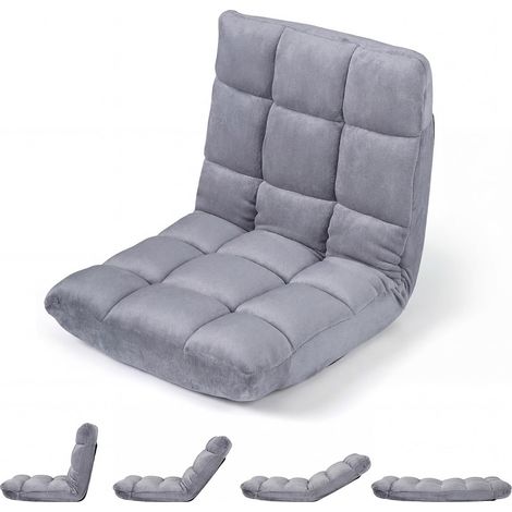 Canapé Paresseux Tatami Pliable, Fauteuil de Sol Convertible Dossier Réglable 14 Positions, Chauffeuse 1 Place en Velours, Gris (1/5)
