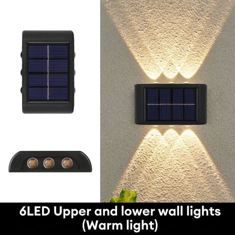 (6 LED - Blanc chaud) Applique murale solaire LED extérieure à détecteur de mouvement vers le haut ou vers le bas, étanche, pour la décoration de jardin. (1/5)