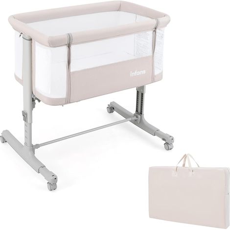COSTWAY 3 in 1 Culla Neonato Fianco Letto, Lettino Neonato Dondolo con Materasso, Culla Co-Sleeping Fino a 9 kg, Altezza Regolabili, Inclinazione di 10°, 84 x 59,5 x 80,5cm (Beige) (1/5)