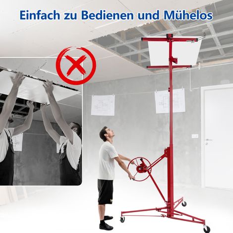 Pince de levage pour plaques de plâtre et plafonds : charge max. 68 kg, hauteur de travail 140-350 cm, inclinaison à 60°, pliable avec 3 roues freinées pour transport facile (1/5)