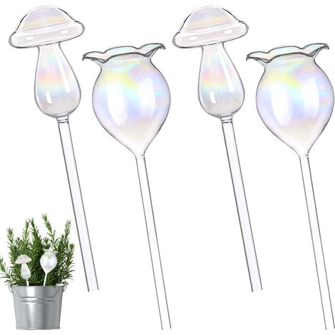 Quatre boules d'arrosage pour plantes, un revêtement de pot d'arrosage auto-absorbant en verre aux couleurs de l'arc-en-ciel et un dispositif d'arrosage transparent en forme de champignon aux dégradés (1/5)