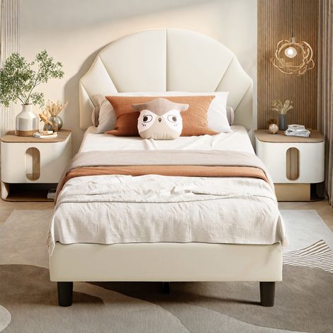 Cama individual 90x200 cm, cama individual con cabecero ajustable, cama infantil tapizada con respaldo suave, terciopelo, beige (1/5)