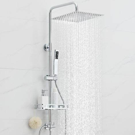 Auralum Max Columna de ducha de acero inoxidable con alcachofa de mano, altura regulable, juego de ducha de lluvia de pared sin grifo con alcachofa de ducha 30x30 cm/estante, cromado