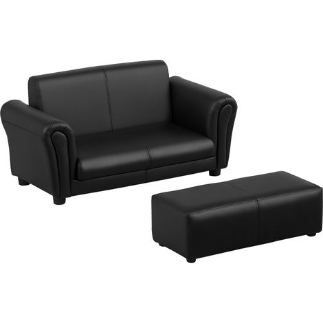 Kids Sofa Bed Kids Twin Sofa Toddler Chair 2 Seater Kids Twin Sofa Chair Boys Girls Couch w/ Footstool (Black) (1/5)