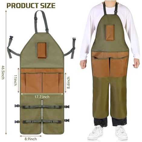 Tablier de jardin, jambes réglables, imperméable, avec 6 poches amovibles, vert armée, boucle réglable. Idéal pour le jardinage, le travail du bois, la poterie, le barbecue, la cuisine, la peinture et (1/5)