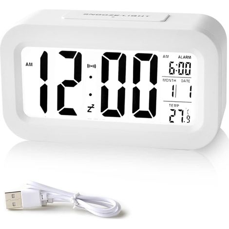 Digitaler Wecker, 12/24-Stunden-Datumsanzeige, mit Schlummerfunktion und Lichtsensor-Smart-Clock, über USB wiederaufladbarer, batteriebetriebener digitaler Wecker für das Home Office