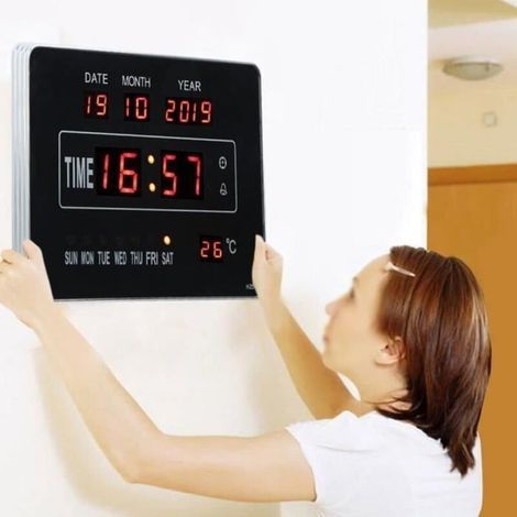 Horloge calendrier numérique avec affichage de température – Grand écran 25 x 16 cm – Alliage aluminium et ABS – Prise UE 110-220V (1/4)