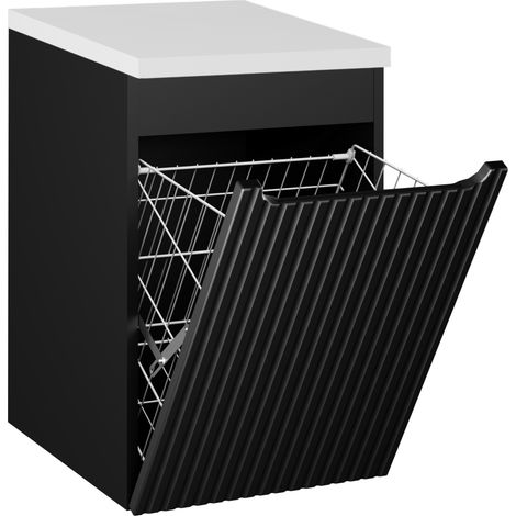 Meuble bas de salle de bain NOVA noir avec panier à linge et plan blanc 40 cm (1/5)