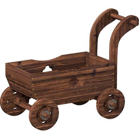 Bac à fleurs sur roulettes vintage, jardinière en bois carbonisé avec poignée et 4 roues pour terrasse, balcon et jardin, style chariot – CHICFURN (1/5)