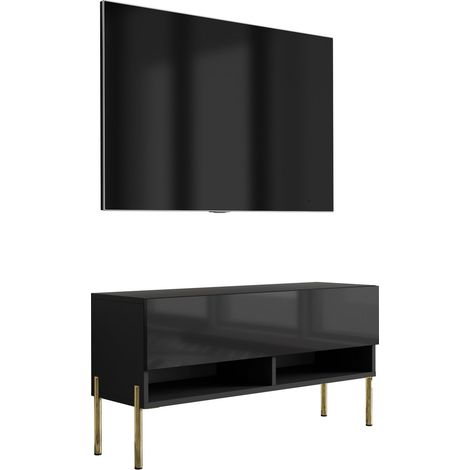 Meuble TV : Noir Mat / Noir Brillant, pieds droits dorés, 100 × 32 × 52 cm (1/5)