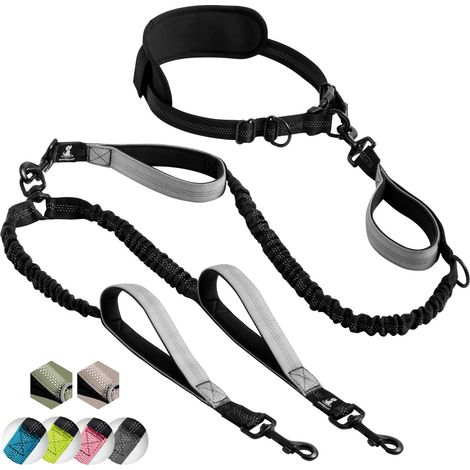 Laisse Double Mains Libres pour 2 Chiens de Grande et Moyenne Taille – Longe Ceinture Anti-Traction avec Coutures Réfléchissantes – Accessoire Chiens Canicross, Running, Randonnée (1/5)