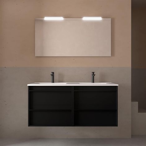 Ensemble complet ATTILA 1200 4 tiroirs NOIR SATINÉ + meuble-lavabo + miroir + luminaire (1/2)