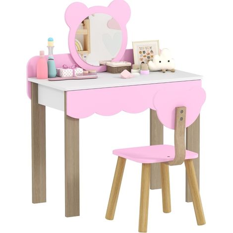CHICFURN Toeletta per bambini con sgabello 68 x 35 x 86 cm, MDF rosa, specchio orso, 2 pezzi (1/5)