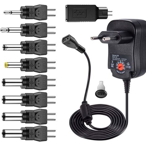 Polarité Réversible 12W Adaptateur Secteur Universel AC à DC 3V 4.5V 5V 6V 7.5V 9V 12V 1A Transformateur d'alimentation à Découpage avec 9 Connecteurs DC pour électroniques Ménagers, 1000mA Max (1/5)