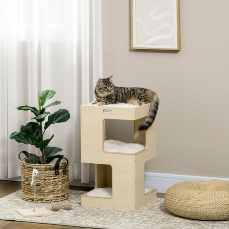 Árbol para gatos de 2 niveles con juguete, 34 x 34 x 60 cm, natural y gris claro HAVRYA (1/5)