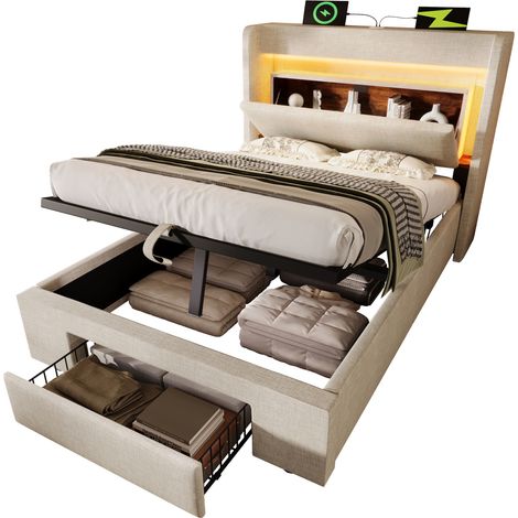 CHICFURN Lit 90x200 avec rangement hydraulique, tête de lit avec LED, USB et USB-C, tiroir et sommier à lattes, lit simple tissu beige sans matelas (1/5)