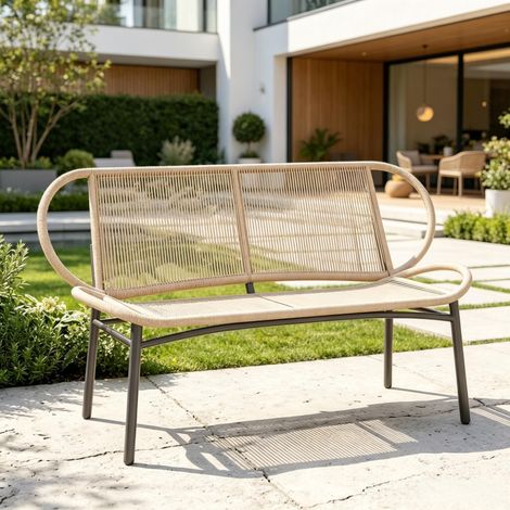 Banc contemporain style corde, causeuse tressée à accoudoirs arqués, banquette d'appoint deux places, canapé lounge (1/4)