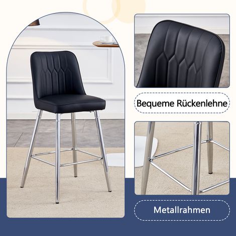 Paire de tabourets de bar, hauteur 100 cm, similicuir noir avec piètement métal argenté et repose-pieds confortable. Disponibles en plusieurs coloris – parfaits pour votre bar à domicile. (1/5)