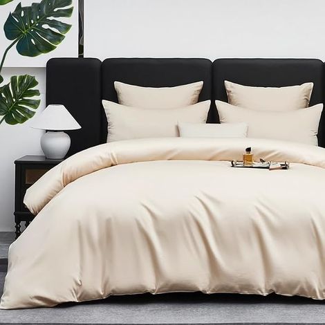 Coton Housse de Couette 240x260 Satin de Coton Beige 100% Coton Doux Soyeux Respirant Lyocell Soie Parure de Lit Satin Linge de Lit avec Fermeture Éclair et 2 Taies d'oreiller 65x65cm (1/5)