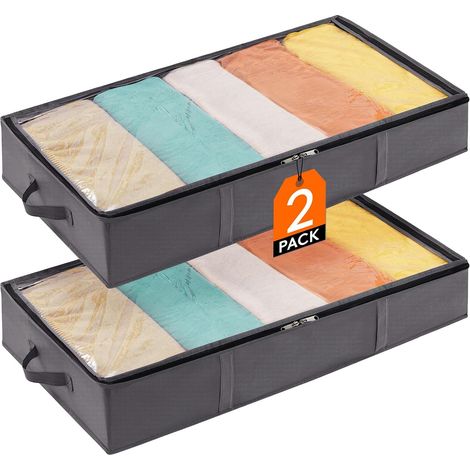 Sac Rangement sous Lit avec 4 Poignées Renforcées, Grande Boite Rangement Vetement Pliable, Housse Couette pour Vêtements, Draps, Chaussures, Gris, 90 x 48 x 15 cm, 65 L, Lot de 2 (1/5)