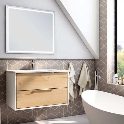 Meuble de salle de bain simple vasque - 2 tiroirs - ALBA et miroir VELDI - 80cm (1/3)