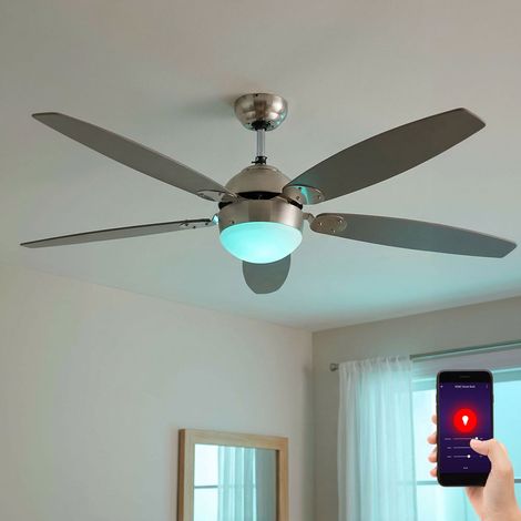 Ventilatore da soffitto intelligente Ritorno in avanti Interruttore a strappo a 3 velocità Lampada da soggiorno, controllo tramite app, 1x LED RGB 5W 470Lm bianco caldo-freddo, DxH 132 x 40,6 cm (1/5)