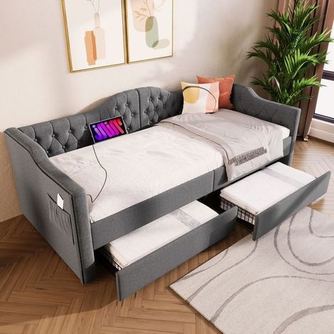 Lit banquette 90x190 cm, Cadre lit avec chargeur USB Type C,lit 1 place, 2 tiroirs, lin gris (1/5)