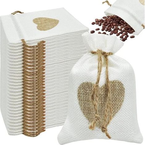 10 sacs en lin avec cordon de serrage sacs en jute, sacs pour snacks, sacs pour cadeaux de Noël blanc (1/4)