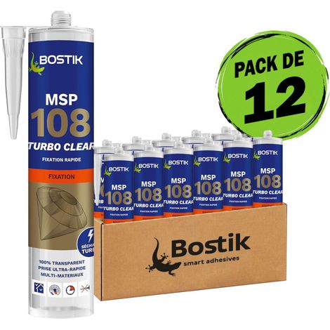 BOSTIK MSP 108 TURBO CLEAR Pack de 12 Mastics polymères pour fixations rapides et transparentes 290ml Transparent (1/5)