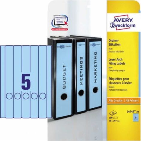 Ordnerrückenetikett ultragrip schmal/lang 38 x 297 mm (B x H) selbstklebend mit Griffloch blau 100 Etik./Pack. (1/5)