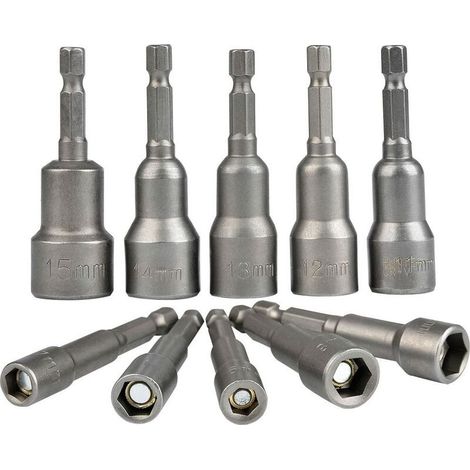 Set mit 10 magnetischen Sechskant-Steckschlüsseln, 6-15 mm Schlagschrauber, Adapter für 1/4" magnetische Sechskant-Steckschlüssel. (1/5)