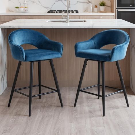 Wahson Juego de 2 Taburetes de Bar de Terciopelo Giratorio, Modernos para Cocina y Restaurante, Azul (1/5)