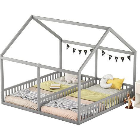 Cama infantil 2 en 1 90x200 cm con diseño de casita, dos camas individuales con barandilla central, en gris, de pino y MDF, ideal para hermanos  CHICFURN (1/5)